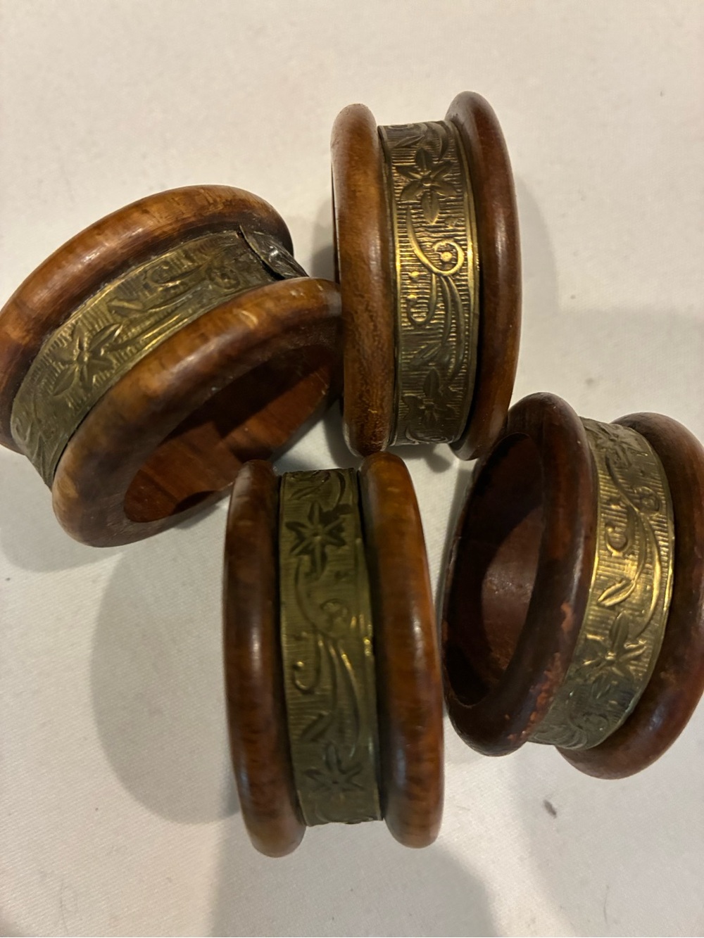 Wood and Brass Floral Napkin Rings - Brown and Gold Heavy and Ornate Details